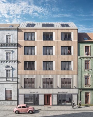 Fasáda Jungmannova, nástavba - Rekonstrukce a nástavba bytového domu v centru Plzně se soudobým architektonickým výrazem a modernizovaným přízemím.