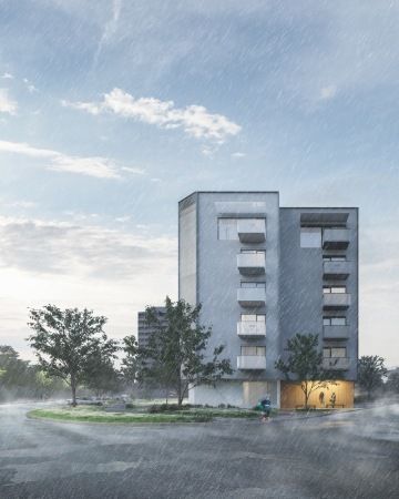 Dům na sídlišti, Plzeň - Přestavba bývalé výměníkové stanice na bytový dům na plzeňském sídlišti s integrovanou trafostanicí a společným prostorem pro obyvatele.