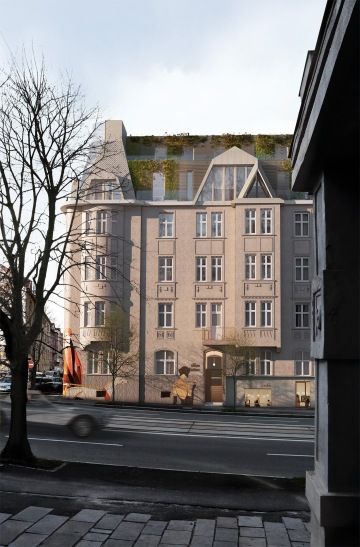 Nástavba domu Klatovská, Plzeň - Citlivá nástavba historického domu v Plzni s obnovenou nárožní věžičkou a moderními prvky včetně uměleckých detailů.