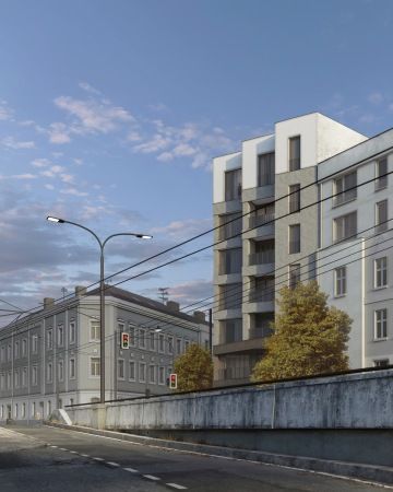 Byty hlavní nádraží, Plzeň - Nárožní bytový dům u hlavního nádraží v Plzni s mixem bytových jednotek a dvoupatrovým podzemním parkováním.