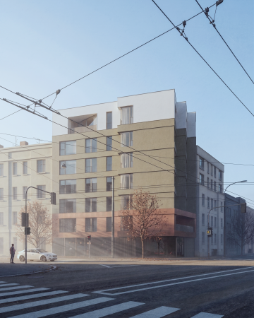 Byty hlavní nádraží, Plzeň - Nárožní bytový dům u hlavního nádraží v Plzni s mixem bytových jednotek a dvoupatrovým podzemním parkováním.